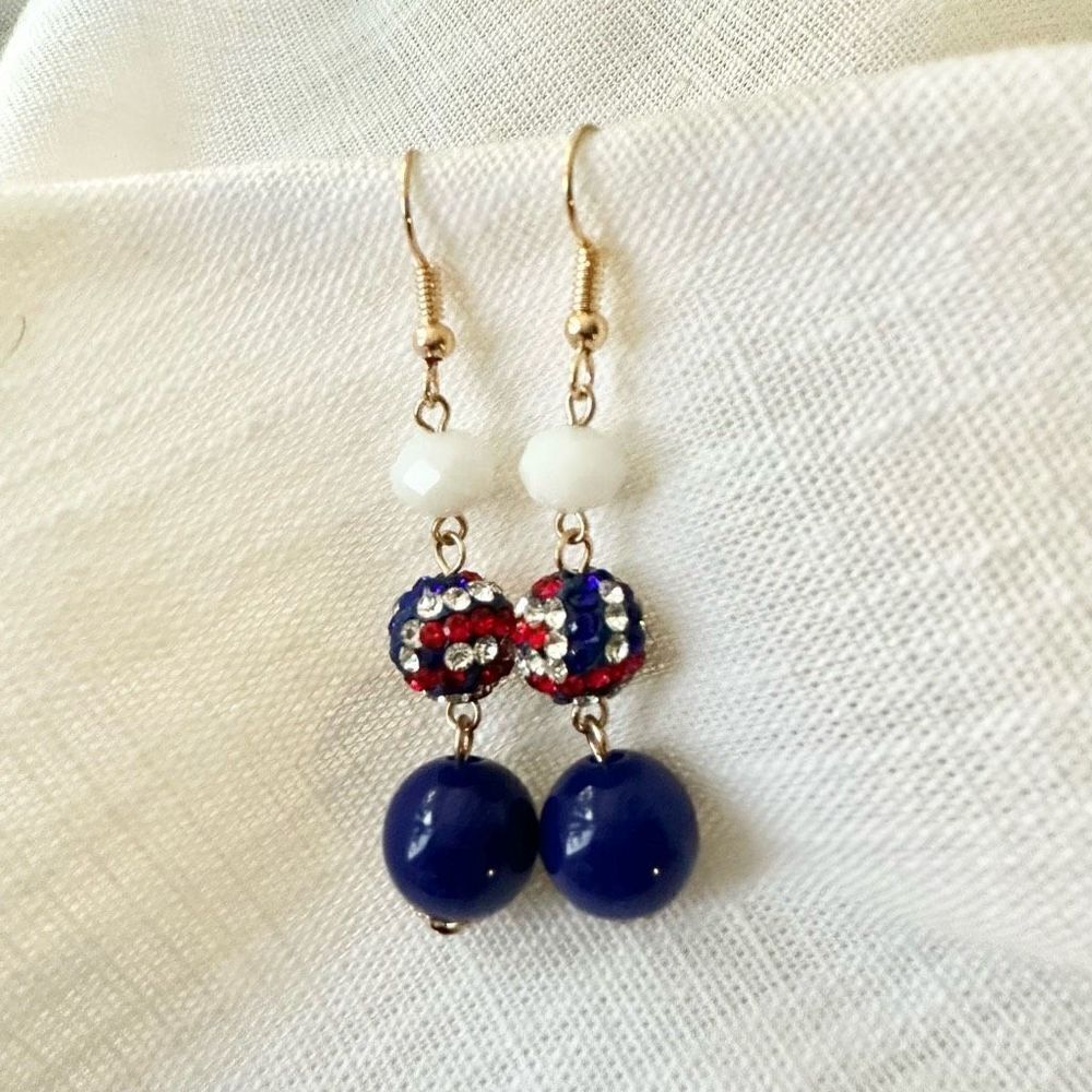 Fourth of July red white and blue rhinestone beaded dangle earrings